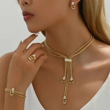 Women's Rhinestone Inlaid Necklace Ring and Earring Set Collarbone Chain Alloy