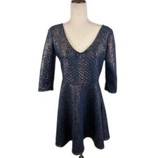 SHE Fit & Flare Dress Women's Size Medium Navy Gold Textured V-Neck 3/4 Sleeve