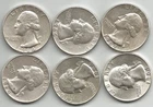 LOT OF 6 NICE SILVER WASHINGTON QUARTERS (1964) - $1.50 FACE VALUE - TAKE A L@@K