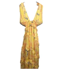 NWT Queenia Women Deep V-Plunge Yellow Tiered Maxi  Dress Size M