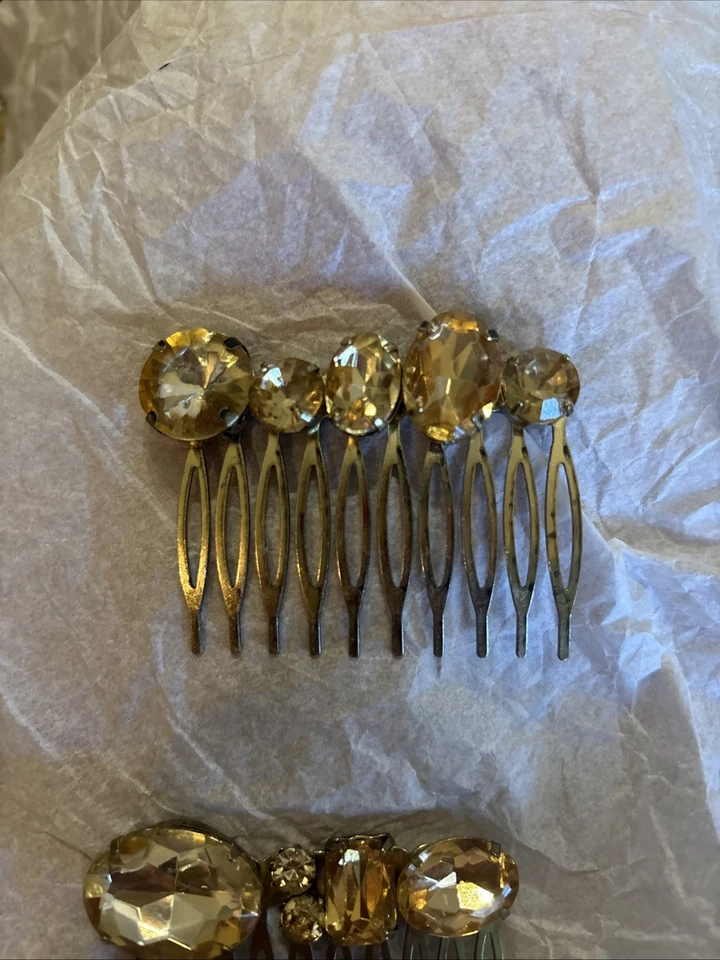 Vintage Metal Rhinestone Bridal Pair Hair Combs 1950-60’s Flat Brass Soldered - Image 2 of 4