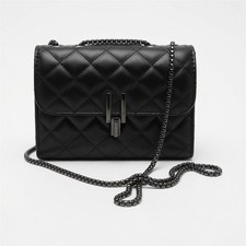 Black Quilted Crossbody Bag Black Chain Strap Clasp Closure Solid Rectangle