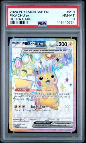 2024 POKEMON SSP EN-SURGING SPARKS ULTRA RARE #219 PIKACHU EX PSA 8