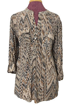 Ava & Grace Woman Animal Print Brown Blouse Roll Tab Sleeve Button Front Sze 1X