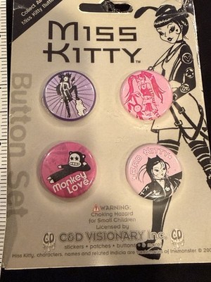 Vintage Miss Kitty Button Set SEALED Y2K Goth Emo Pins C&D Visionary Inkmonster
