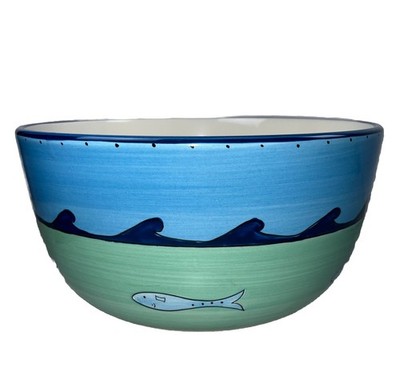  Brushes KIC HANDPAINTED Serving Bowl Ceramic 10  Blue,Green OceanWaves Sea Fish