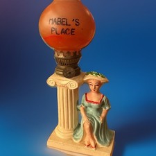 Vintage 1930s Chalkware Figural Oil Lamp Lady at Column w/ Orange Globe 7.5”
