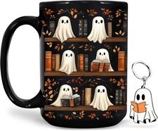 Hyturtle Cute Ghost Read Book Mug - Black Coffee Cup Ceramic Mug 15 Oz and Keych