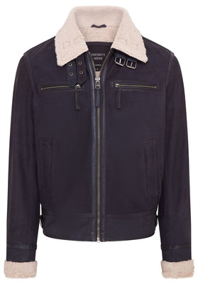 Blaue Herren Bomberjacke aus echtem Schafswildleder Fliegerjacke mit Fellfutter