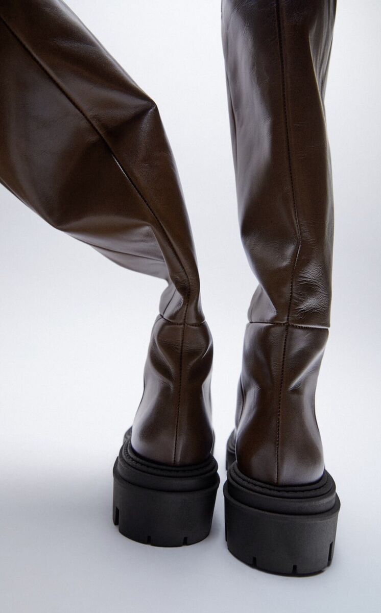 Zara Dark Brown Flat Real Leather Track Sole Knee High Boots Zara Dark Brown Flat Real Leather Track Sole Knee High Boots