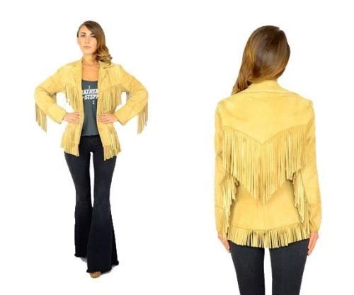 Womens Yellow Western Leather Wear Cowboy Fringe Native American Coat Jacket