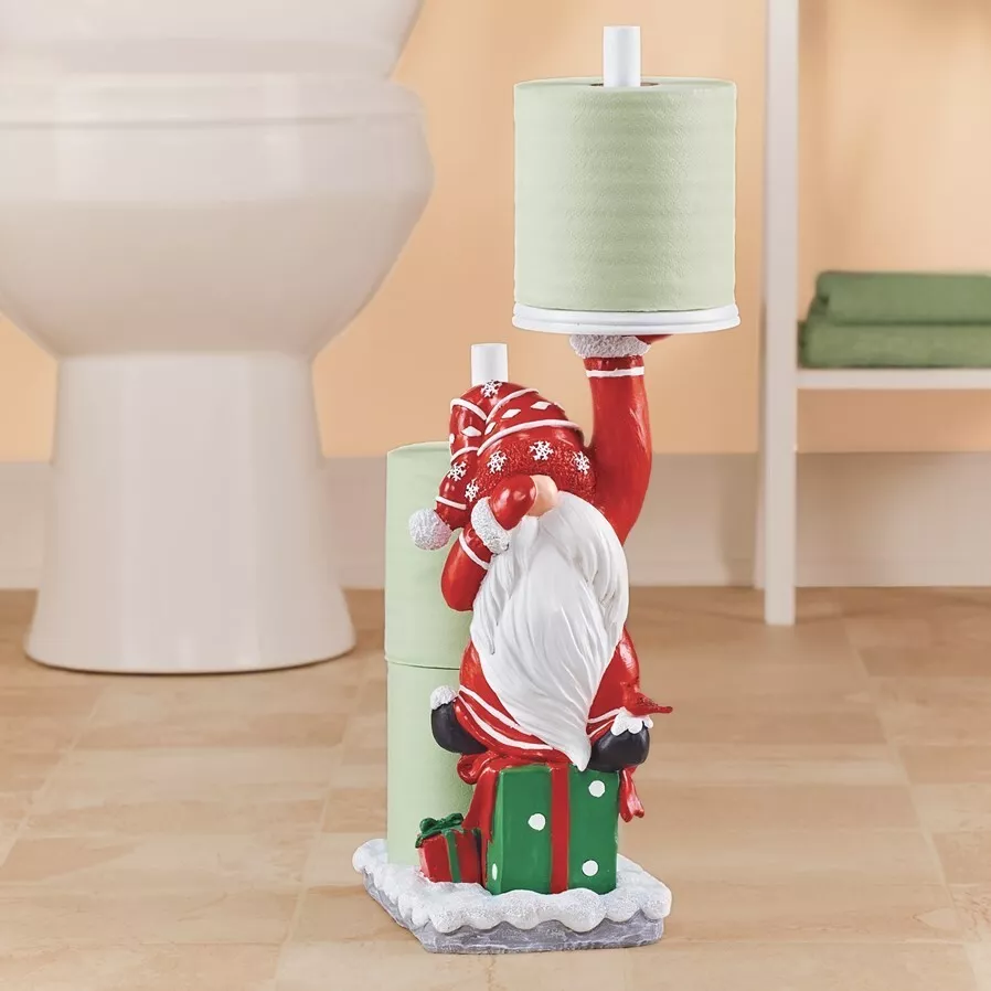 Whimsical Winter Christmas Gnome Holding Nose Bathroom Toilet Paper Roll  Holder