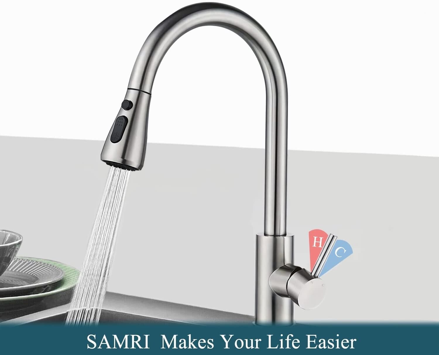 Stainless Steel Kitchen Faucet - 3 Spray Settings - DIY Installation - 15"