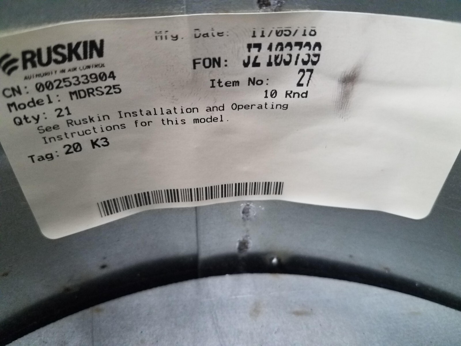 RUSKIN MDRS25 ROUND MANUAL BALANCING DAMPER eBay