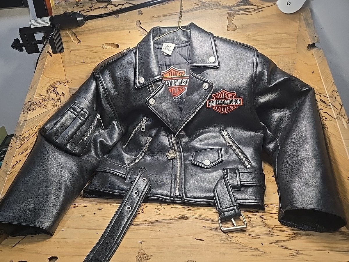 Harley Davidson Faux Leather Biker Jacket Sz 7Y Wings/Zipup/Belt