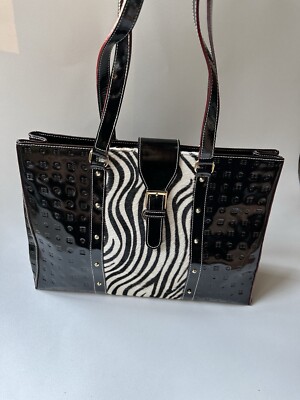 Arcadia Logo Embossed Animal Print Calf Hair Patent Leather Black Tote Bag Italy