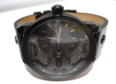 Diesel Mini Daddy Two-hand Gunmetal Black Leather Strap Watch DZ5584  (LOC.DRW-5
