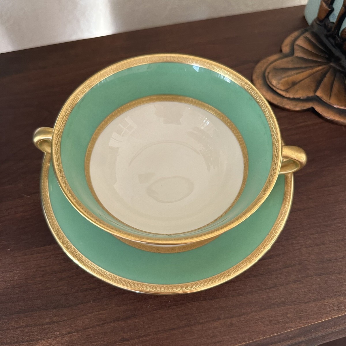 Lenox アンティーク RARE! ANTIQUE LENOX CHINA GREEN & GOLD PATTERN 2 HANDLED SOUP