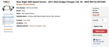 Rear Right ABS Speed Sensor - 2011-2023 Dodge Charger 3.6L V6 - WSO W0133-207238