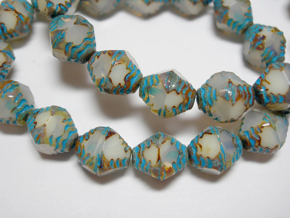 15 10x8mm Czech Glass Antique White Turquoise Picasso Bicone Beads - Image 4 of 4