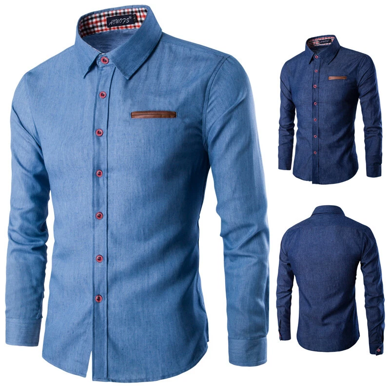 Men s Denim Shirt Solid Color Long Sleeve Slim Fit Button Down Casual Blouse Top