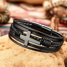Men's Christian Cross Leather Bracelet Stainless Steel Braided Cuff Bangle Gift