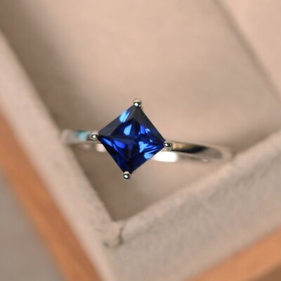 1.50 Ct Princess Cut Real Sapphire Engagement Wedding Ring 14K White Gold A