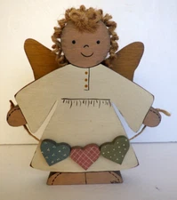 Vintage Wood Angel Hearts Shelf Sitter Hand Crafted and Painted 6 1/2" Signed