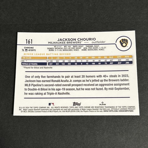 2024 Topps Chrome Jackson Chourio Rookie X-Fractor Refractor #161 - Brewers📈 - Picture 3 of 3