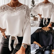 Lace Detail Long Sleeve Shirt Womens Polyester Solid Color Loose Fit Casual Top