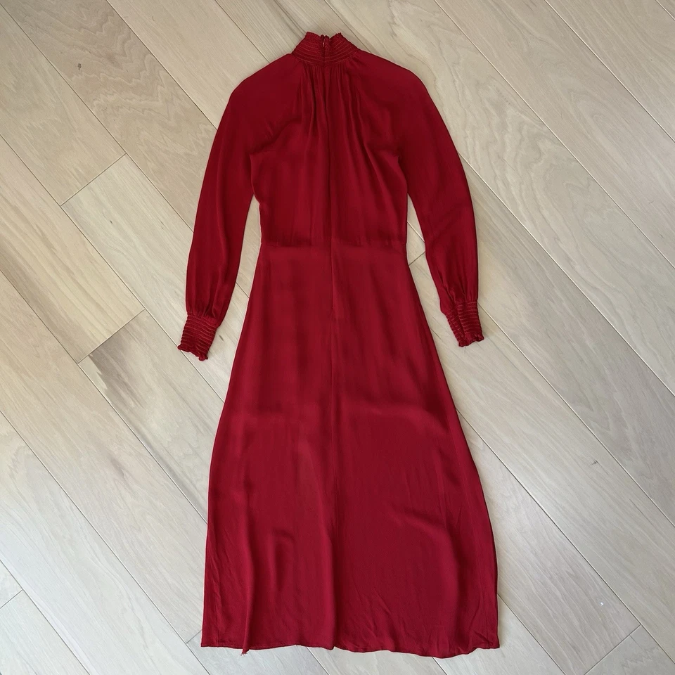 Reformation Georgina Red Slit Midi Dress Smocked Cuff Turtleneck *Flaw Women’s 4 - Image 4 of 4