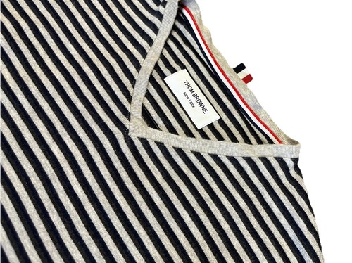 Thom Browne Stripe V Neck Tee Small Black Gray 3/4 Sleeve T- Shirt Top Varsity - Picture 3 of 6