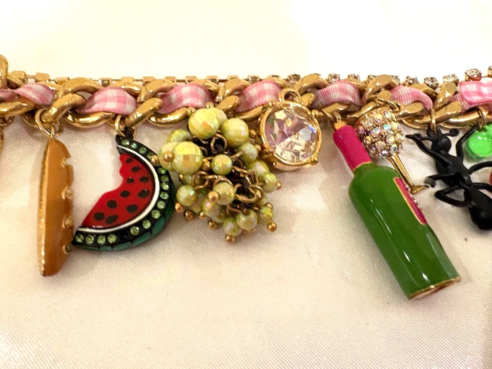 Betsey Johnson Picnic Rhinestone W/Gingham Pink Toggle Bracelet 12 Charms "Rare" - Image 3 of 4