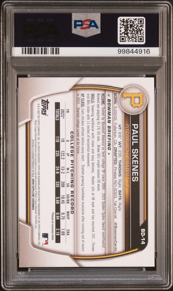 2023 Bowman Draft ~ Paul Skenes #BD14 ~ 1st Bowman ~ PSA 10 - Image 2 of 2