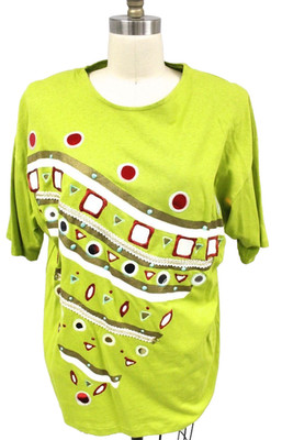 VTG 1980s Cache Cotton Tunic Top Bold Intarsia Knit Bedazzled Embellished Sz M-L