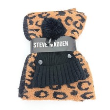 Steve Madden Womens Leopard Print Scarf and Black Pom Beanie Winter Set