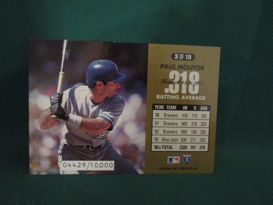 1993 Donruss - Dominators dos anos 90 - Jumbo #3 - Paul Molitor 4429/10.000 - 8.0 - Imagem 2 de 2
