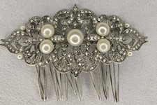 Vintage Style Silver Tone Filigree Bridal Hair Comb with Pearls  Rhinestones