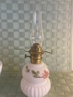 Antique Scarce 1890s Miniature oil lamp Baby McKee Pink floral white satin glass — photo 3