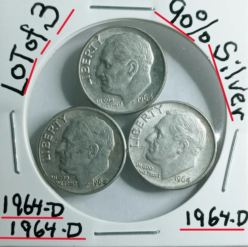 Lot of 3 Roosevelt Dimes 90% Silver VG Condition 3 1964-D Look @ & Judge The Gem