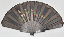 Antique Hand Painted Wood and Fabric Folding Hand Fan circa 1900 10"x16" NICE 