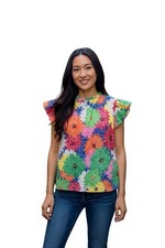 Bibi, Flower Mock Neck Top, Ruffle Cap Sleeves. Floral, Keyhole Back. Lg.