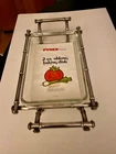 Vintage pyrex oblong baking dish with Silverplated bamboo style metal stand #2
