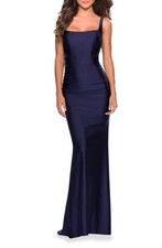 NEW LA FEMME Long Jersey Prom Dress with Full V Shaped GOWN SIZE 2 258 NAVY