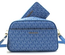 NEW MICHAEL KORS JET SET MK Signature Camera Crossbody + Card Case French Blue