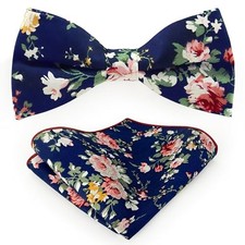 Bow Ties for Men Floral Pre-tied Bowtie and Pocket Square Set Hanky Navy