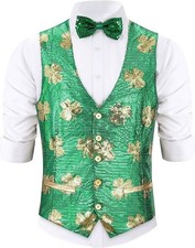 Sequin Vest Party Formal V-neck Shiny Waistcoat Bowtie Set SHAMROCK St Patricks