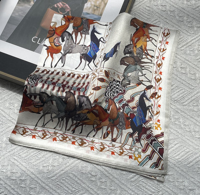 100% Silk Scarf Women thousands of horses galloping Square Bandana Wrap 53X53cm