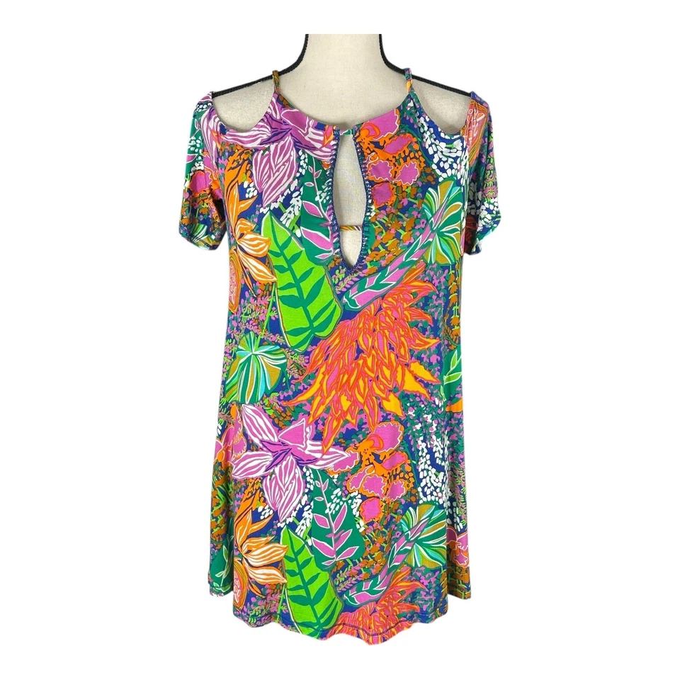 Vestido túnica Trina Turk Tropic Escape estampado hombro frío elástico cubierta talla XS Foto 3 de 4