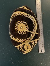 Embroidered Skull Cap Hat Lined Brown Gold w/ Purple Green Red Colors